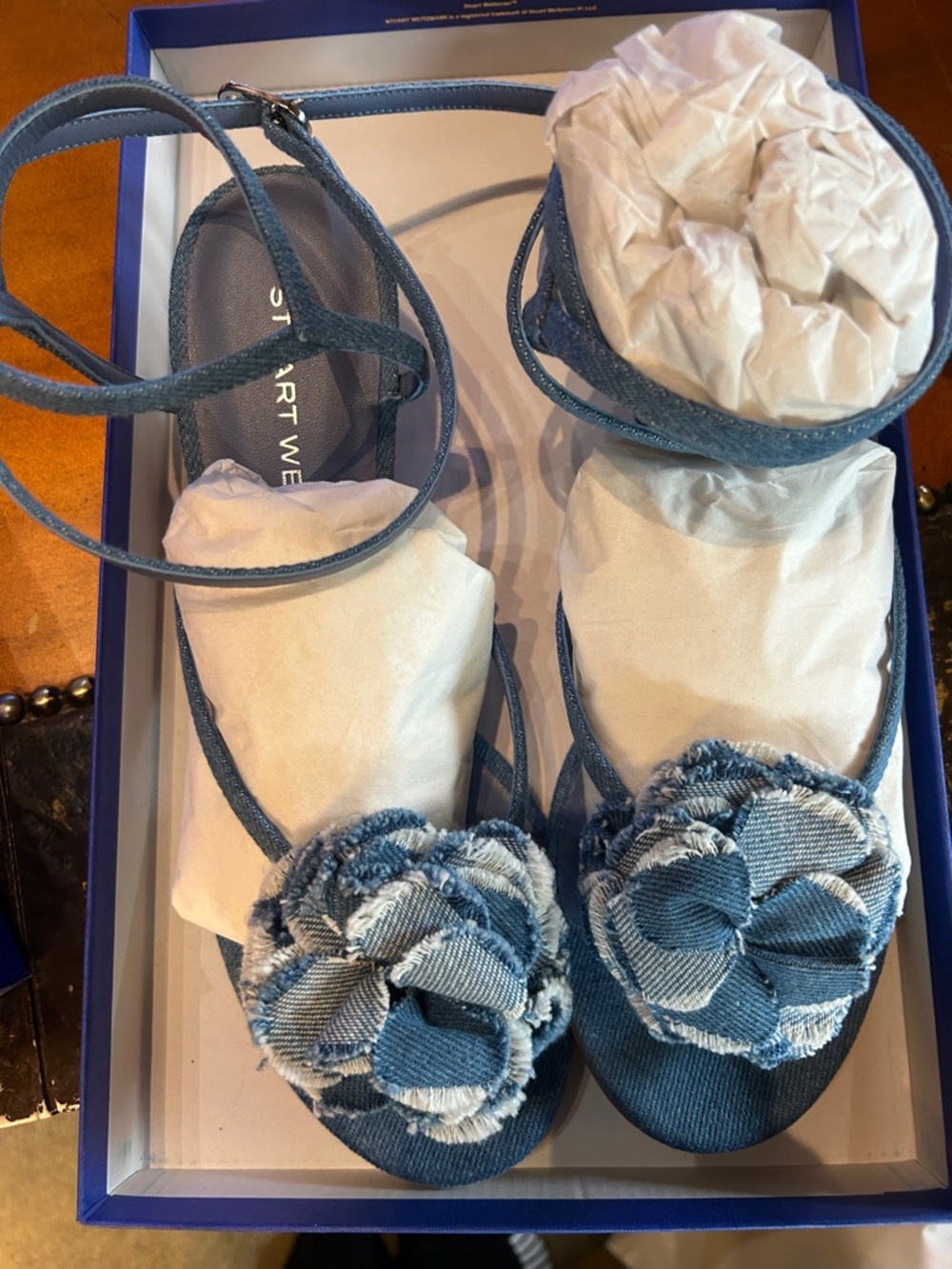 Stuart Weitzman vintage denim ankle wrap sandal